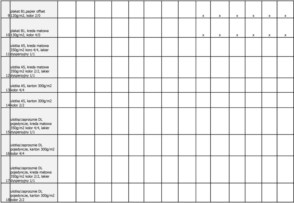 kolor 2/2 ulotka/zaprosznie DL pojedyncze, kreda matowa 350g/m2 kolor 4/4, lakier 15 dyspersyjny 1/1 ulotka/zaprosznie DL pojedyncze, karton 300g/m2 16