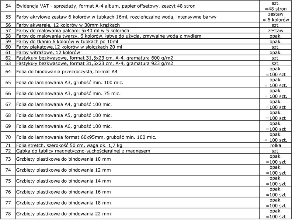 tkanin 6 kolorów w tubkach po 10ml 60 Farby plakatowe,12 kolorów w słoiczkach 20 ml 61 Farby witrażowe, 12 kolorów 62 Fastykuły bezkwasowe, format 31,5x23 cm, A-4, gramatura 600 g/m2 63 Fastykuły