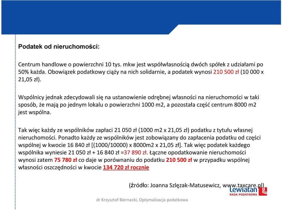 Wspólnicy jednak zdecydowali się na ustanowienie odrębnej własności na nieruchomości w taki sposób, że mają po jednym lokalu o powierzchni 1000 m2, a pozostała część centrum 8000 m2 jest wspólna.