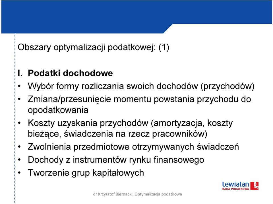 momentu powstania przychodu do opodatkowania Koszty uzyskania przychodów (amortyzacja, koszty