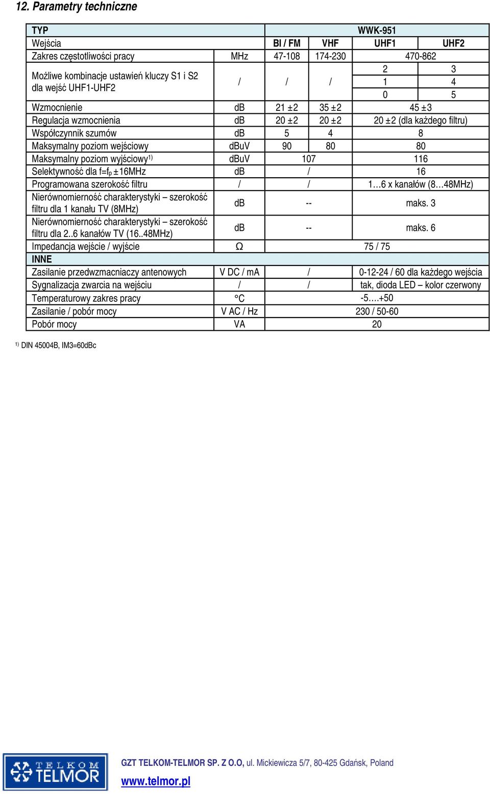 dbuv 107 116 Selektywno dla f=fp ±16MHz db / 16 Programowana szeroko filtru / / 1 6 x kanałów (8 48MHz) Nierównomierno charakterystyki szeroko filtru dla 1 kanału TV (8MHz) db -- maks.