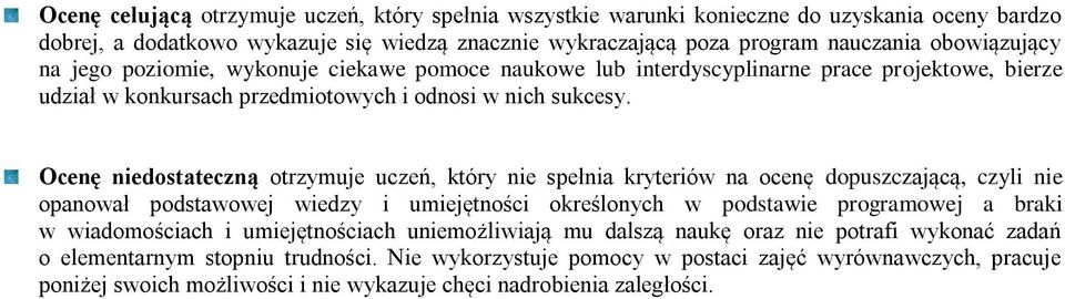 Ocenę niedostateczną otrzymuje uczeń, który nie spełnia kryteriów na ocenę dopuszczającą, czyli nie opanował podstawowej wiedzy i umiejętności określonych w podstawie programowej a braki w