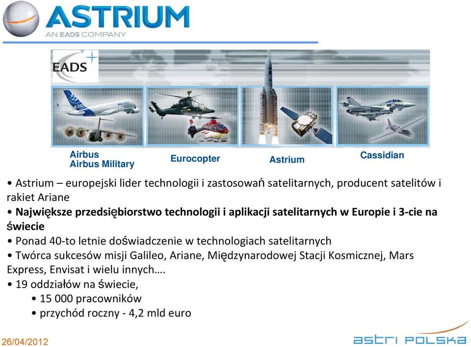 i 3 cie na świecie Ponad 40 to letnie doświadczenie w technologiach satelitarnych Twórca sukcesów misji Galileo, Ariane,
