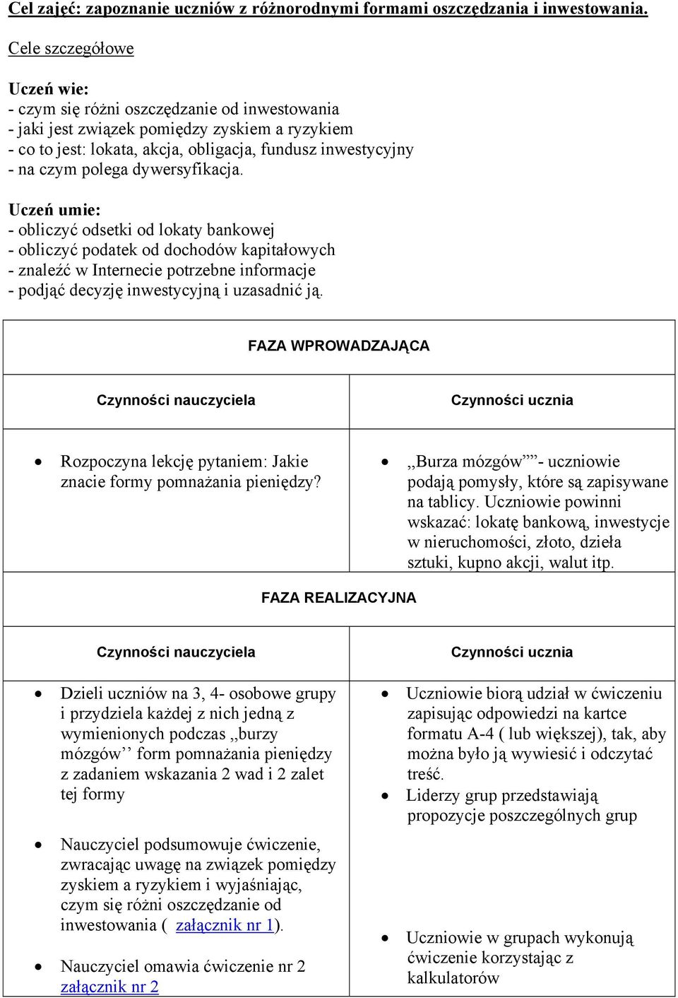 dywersyfikacja. Uczeń umie: - obliczyć odsetki od lokaty bankowej - obliczyć podatek od dochodów kapitałowych - znaleźć w Internecie potrzebne informacje - podjąć decyzję inwestycyjną i uzasadnić ją.