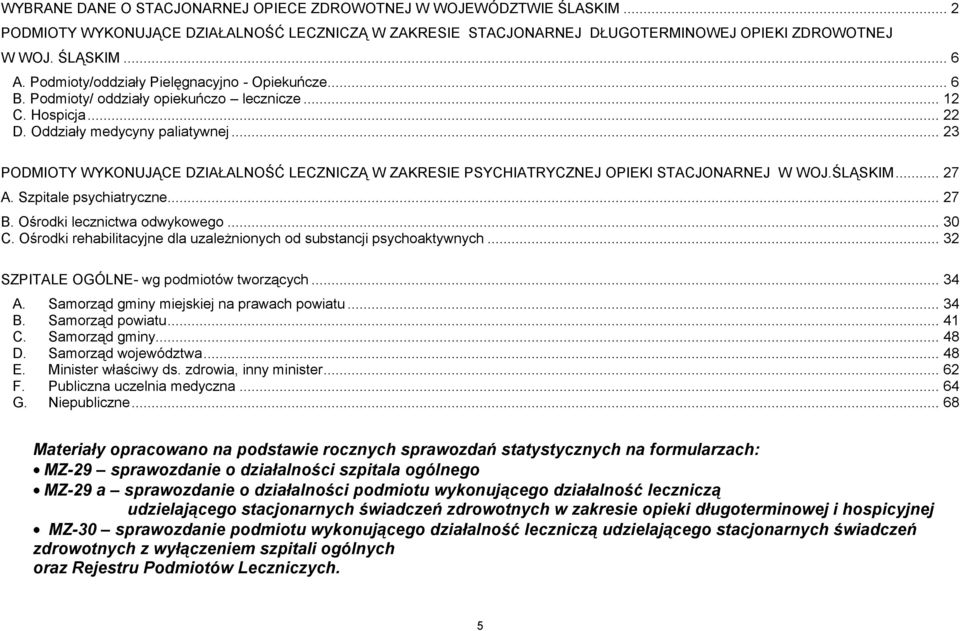 .. 23 PODMIOTY WYKONUJĄCE DZIAŁALNOŚĆ LECZNICZĄ W ZAKRESIE PSYCHIATRYCZNEJ OPIEKI STACJONARNEJ W WOJ.ŚLĄSKIM... 27 A. Szpitale psychiatryczne... 27 B. Ośrodki lecznictwa odwykowego... 3 C.