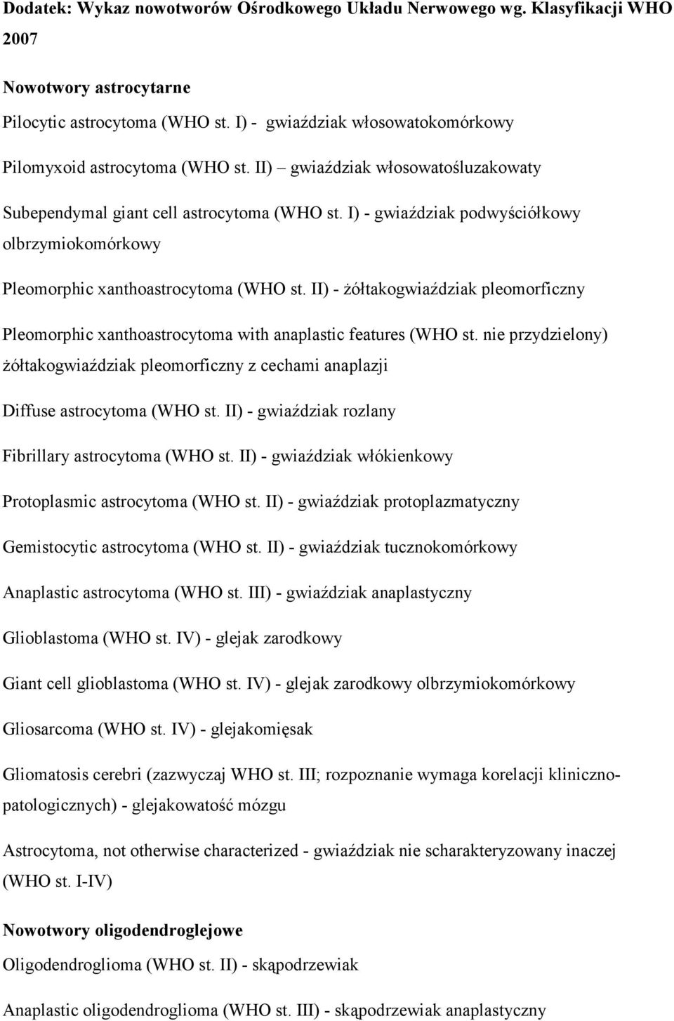 I) - gwiaździak podwyściółkowy olbrzymiokomórkowy Pleomorphic xanthoastrocytoma (WHO st. II) - Ŝółtakogwiaździak pleomorficzny Pleomorphic xanthoastrocytoma with anaplastic features (WHO st.