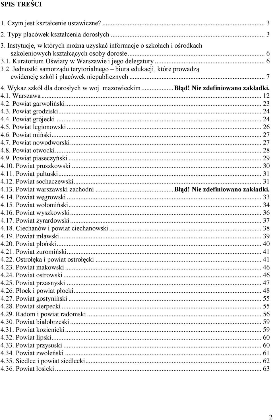 .. 6 Jednostki samorządu terytorialnego biura edukacji, które prowadzą ewidencję szkół i placówek niepublicznych... 7 4. Wykaz szkół dla dorosłych w woj. mazowieckim... Błąd!