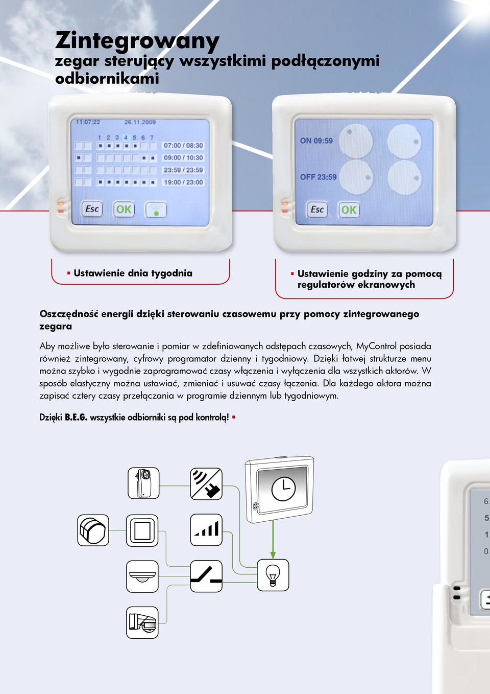 dzienny i tygodniowy. Dzięki łatwej strukturze menu można szybko i wygodnie zaprogramować czasy włączenia i wyłączenia dla wszystkich aktorów.