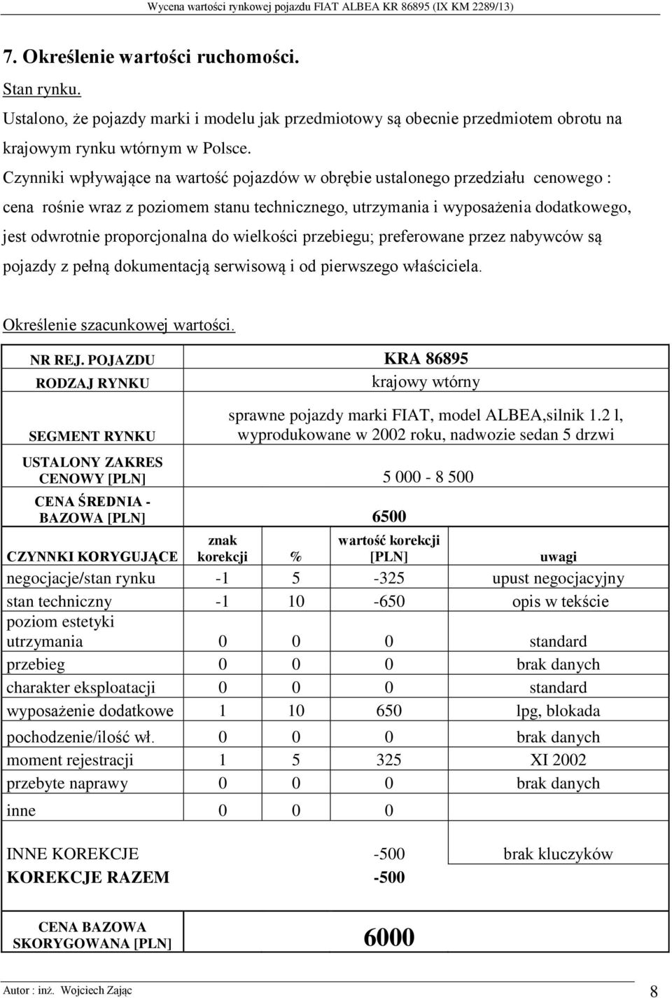 do wielkości przebiegu; preferowane przez nabywców są pojazdy z pełną dokumentacją serwisową i od pierwszego właściciela. Określenie szacunkowej wartości. NR REJ.