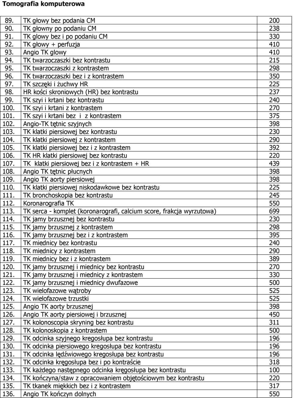 TK szyi i krtani bez kontrastu 240 100. TK szyi i krtani z kontrastem 270 101. TK szyi i krtani bez i z kontrastem 375 102. Angio-TK tętnic szyjnych 398 103.
