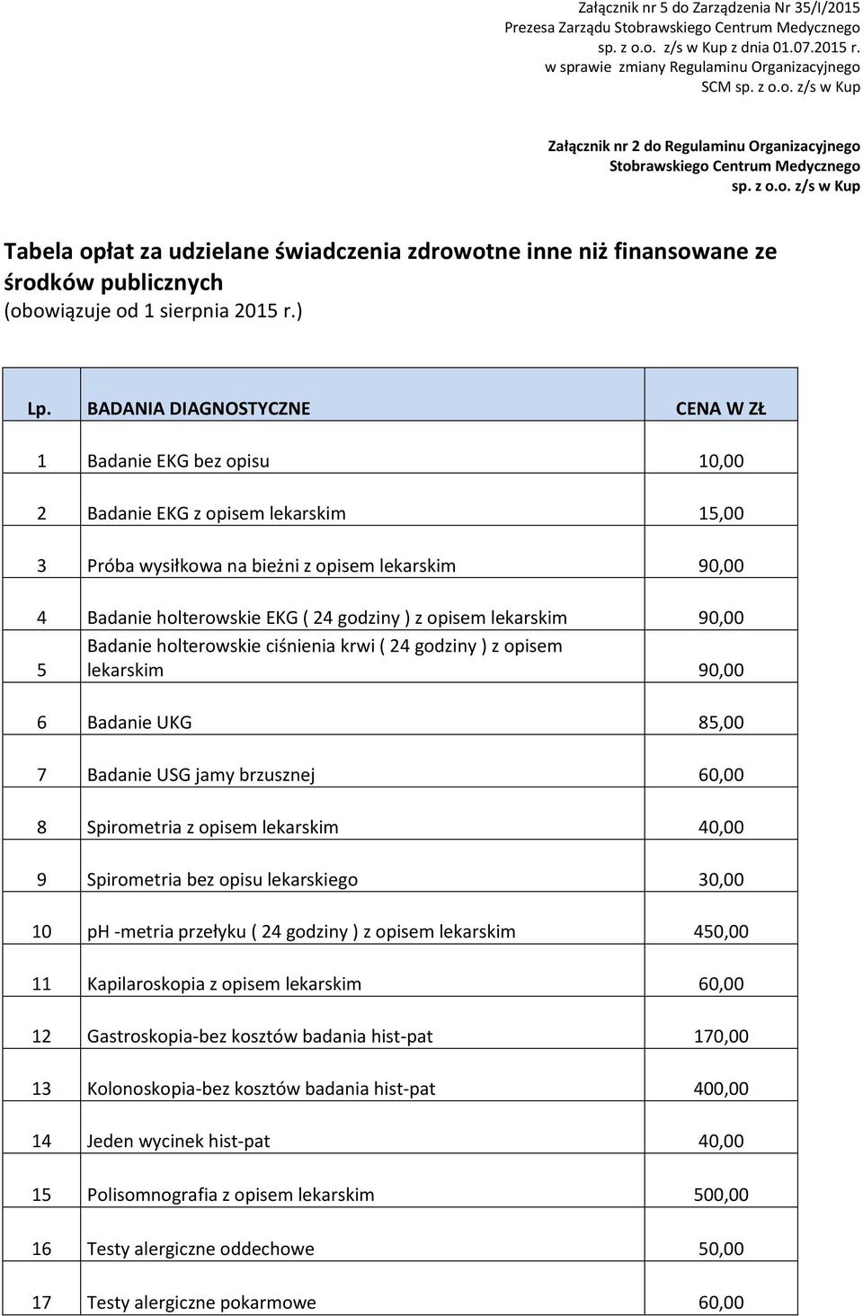 BADANIA DIAGNOSTYCZNE CENA W ZŁ 1 Badanie EKG bez opisu 10,00 2 Badanie EKG z opisem lekarskim 15,00 3 Próba wysiłkowa na bieżni z opisem lekarskim 90,00 4 Badanie holterowskie EKG ( 24 godziny ) z