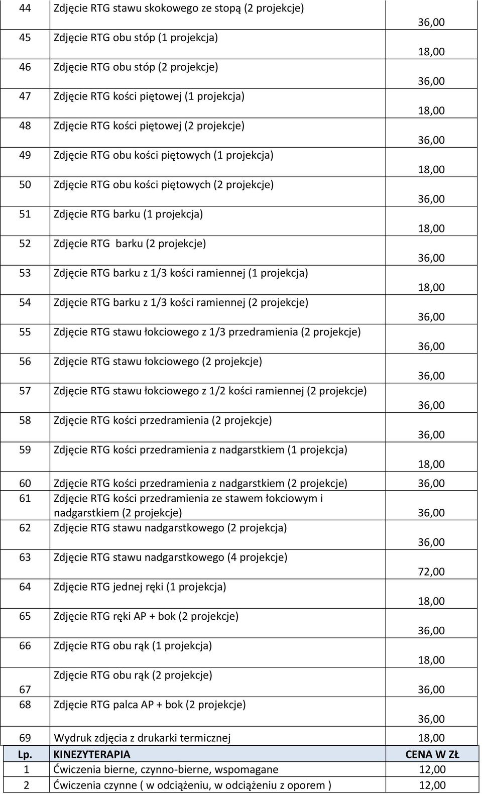 Zdjęcie RTG barku z 1/3 kości ramiennej (1 projekcja) 54 Zdjęcie RTG barku z 1/3 kości ramiennej (2 projekcje) 55 Zdjęcie RTG stawu łokciowego z 1/3 przedramienia (2 projekcje) 56 Zdjęcie RTG stawu