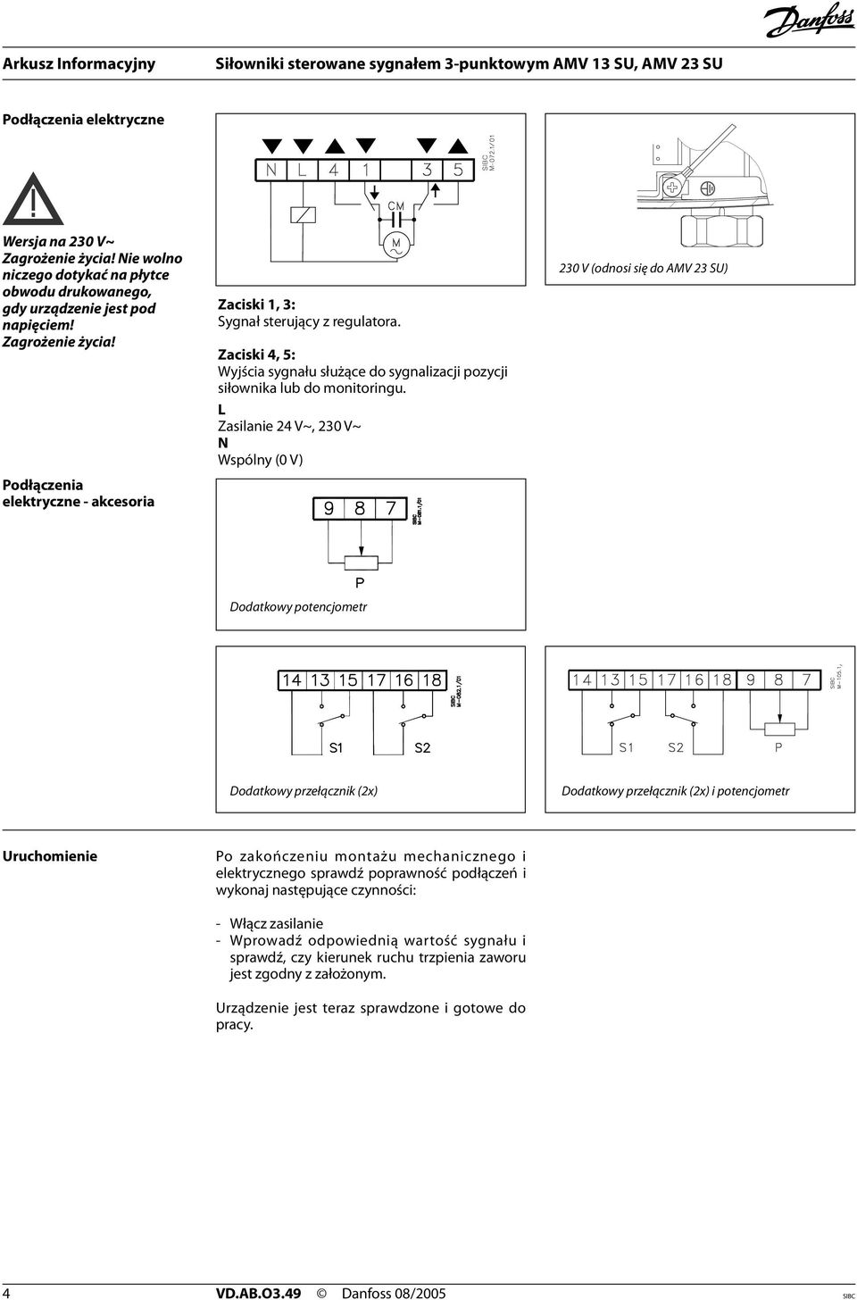 L Zasilanie 24 V~, 230 V~ N Wspólny (0 V) 230 V (odnosi się do AMV 23 SU) Dodatkowy potencjometr Dodatkowy przełącznik (2x) Dodatkowy przełącznik (2x) i potencjometr Uruchomienie Po zakończeniu