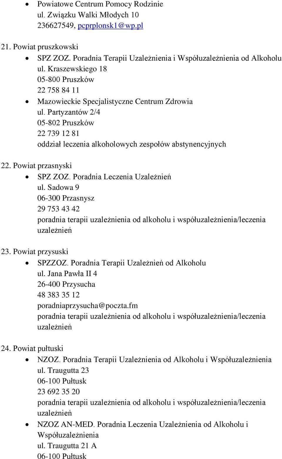 Powiat przasnyski SPZ ZOZ. ul. Sadowa 9 06-300 Przasnysz 29 753 43 42 23. Powiat przysuski SPZZOZ. Poradnia Terapii Uzależnień od Alkoholu ul.