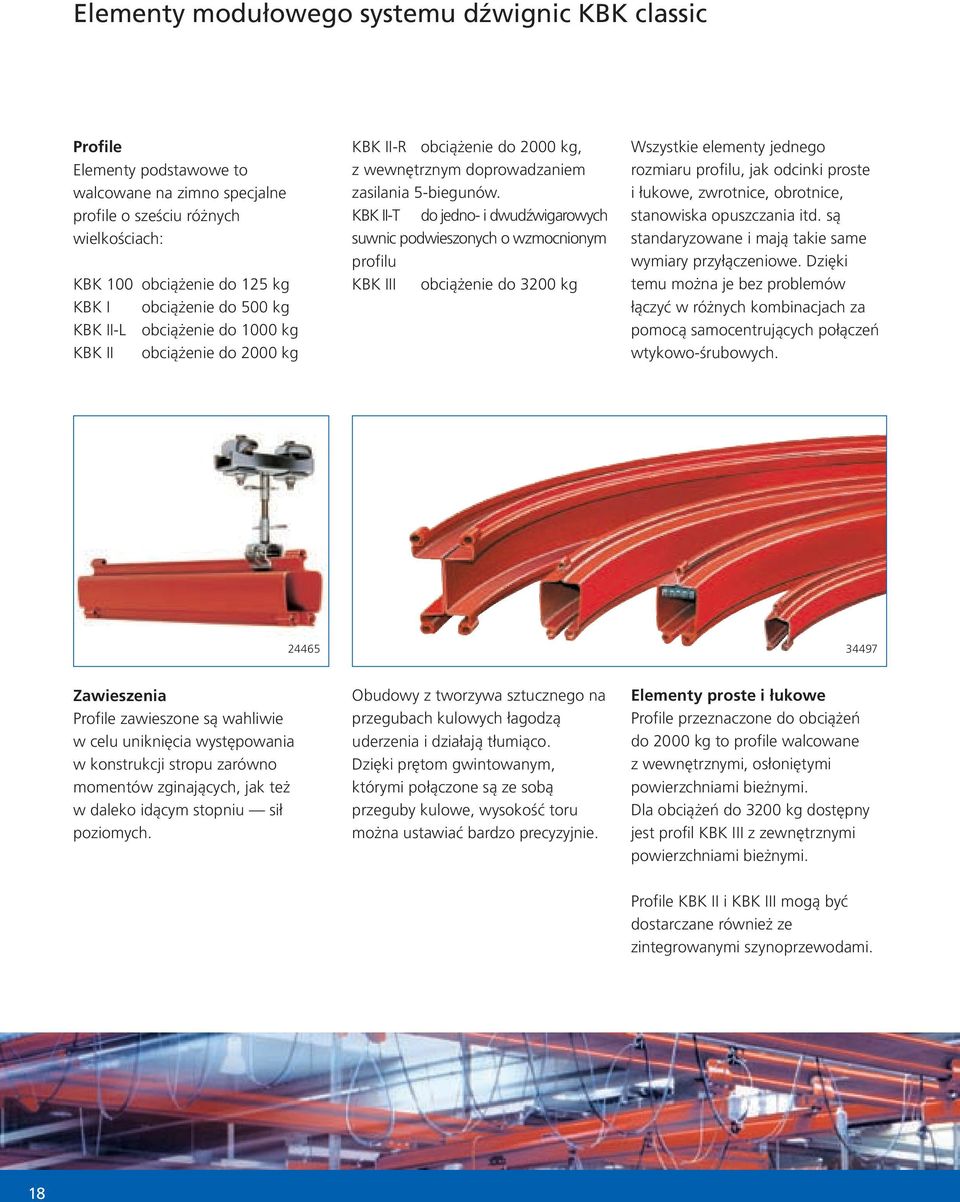 KBK II-T do jedno- i dwudźwigarowych suwnic podwieszonych o wzmocnionym profilu KBK III obciążenie do 3200 kg Wszystkie elementy jednego rozmiaru profilu, jak odcinki proste i łukowe, zwrotnice,