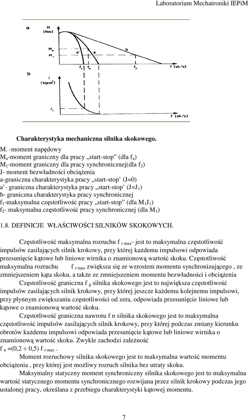 start-stop (J=0) a - graniczna charakterystyka pracy start-stop (J=J 1 ) b- graniczna charakterystyka pracy synchronicznej f 1 -maksymalna częstotliwość pracy start-stop (dla M 1 J 1 ) f 2 -