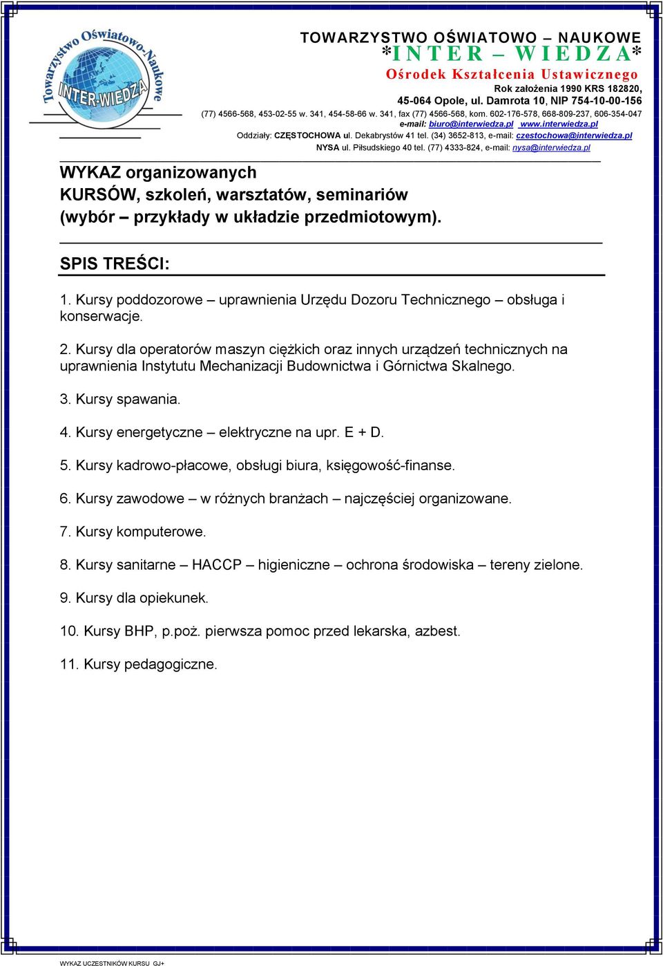 (34) 3652-813, e-mail: czestochowa@interwiedza.pl NYSA ul. Piłsudskiego 40 tel. (77) 4333-824, e-mail: nysa@interwiedza.