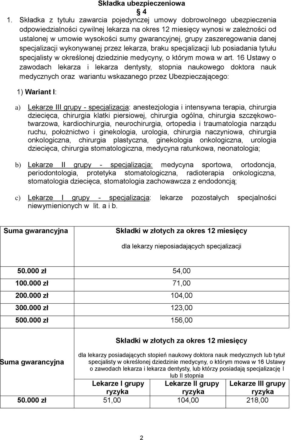 grupy zaszeregowania danej specjalizacji wykonywanej przez lekarza, braku specjalizacji lub posiadania tytułu specjalisty w określonej dziedzinie medycyny, o którym mowa w art.