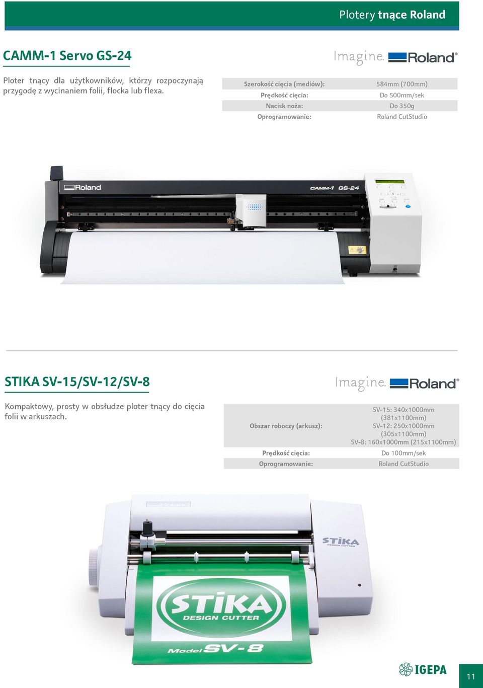 Szerokość cięcia (mediów): Prędkość cięcia: Nacisk noża: 584mm (700mm) Do 500mm/sek Do 350g Roland CutStudio STIKA
