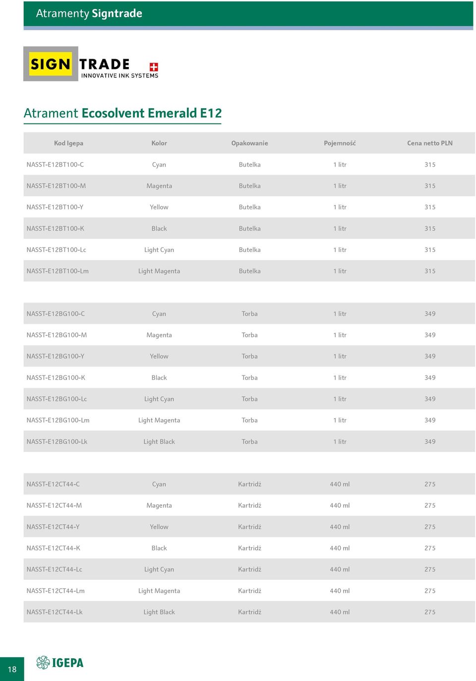 NASST-E12BG100-C Cyan Torba 1 litr 349 NASST-E12BG100-M Magenta Torba 1 litr 349 NASST-E12BG100-Y Yellow Torba 1 litr 349 NASST-E12BG100-K Black Torba 1 litr 349 NASST-E12BG100-Lc Light Cyan Torba 1