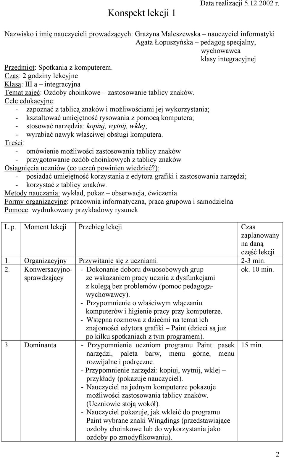 Czas: 2 godziny lekcyjne Klasa: III a integracyjna Temat zajęć: Ozdoby choinkowe zastosowanie tablicy znaków.