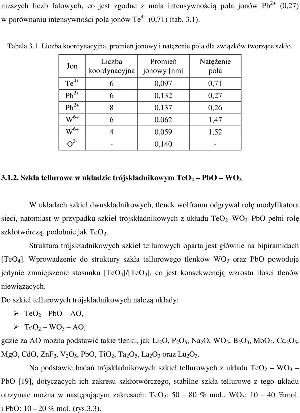 Jon Liczba koordynacyjna Promień jonowy [nm] Natężenie pola Te 4+ 6 0,097 0,71 Pb 2+