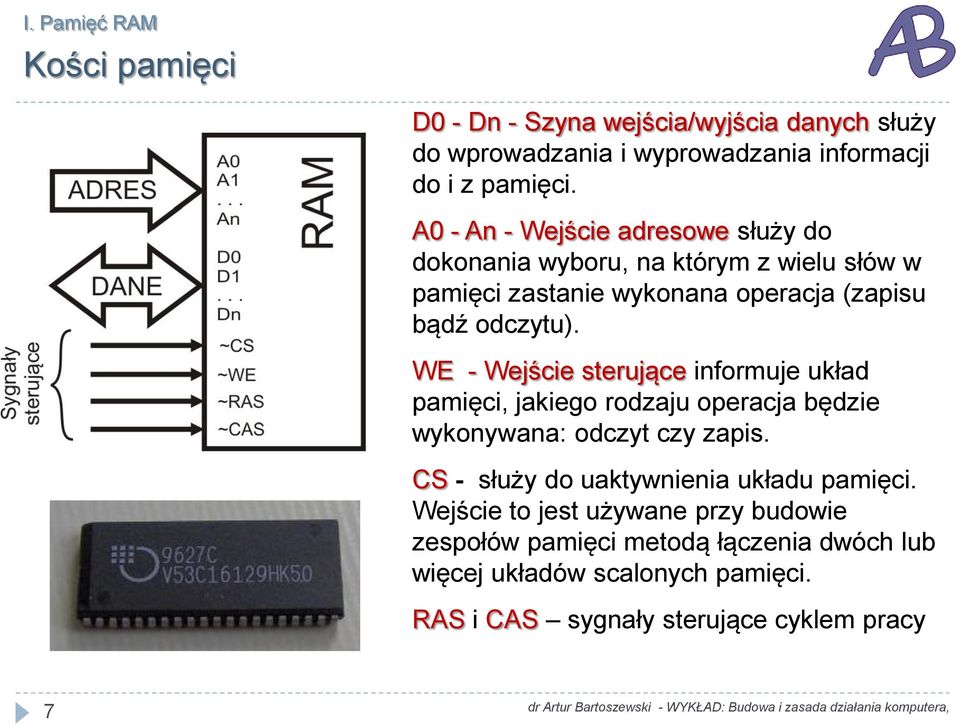 WE - Wejście sterujące informuje układ pamięci, jakiego rodzaju operacja będzie wykonywana: odczyt czy zapis.