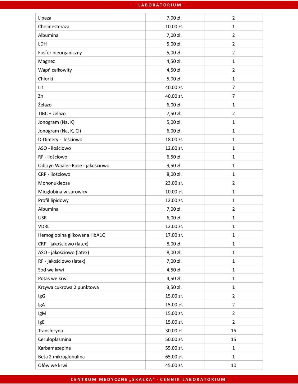 1 RF - ilościowo 6,50 zł. 1 Odczyn Waaler-Rose - jakościowo 9,50 zł. 1 CRP - ilościowo 8,00 zł. 1 Mononukleoza 23,00 zł. 2 Mioglobina w surowicy 10,00 zł. 1 Profil lipidowy 12,00 zł.