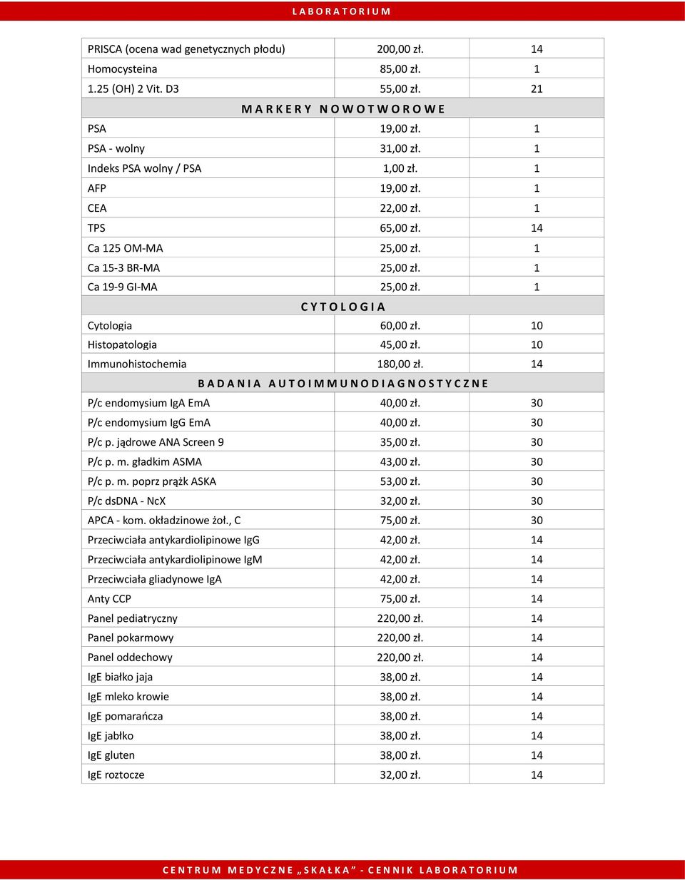10 Histopatologia 45,00 zł. 10 Immunohistochemia 180,00 zł. 14 B A D A N I A A U T O I M M U N O D I A G N O S T Y C Z N E P/c endomysium IgA EmA 40,00 zł. 30 P/c endomysium IgG EmA 40,00 zł.
