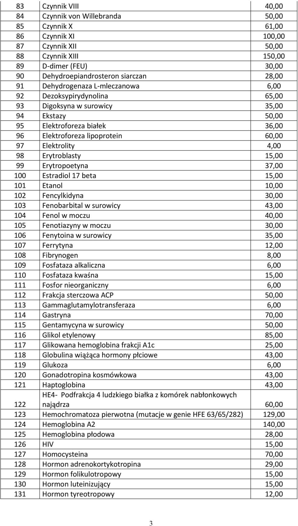 4,00 98 Erytroblasty 15,00 99 Erytropoetyna 37,00 100 Estradiol 17 beta 15,00 101 Etanol 10,00 102 Fencylkidyna 30,00 103 Fenobarbital w surowicy 43,00 104 Fenol w moczu 40,00 105 Fenotiazyny w moczu