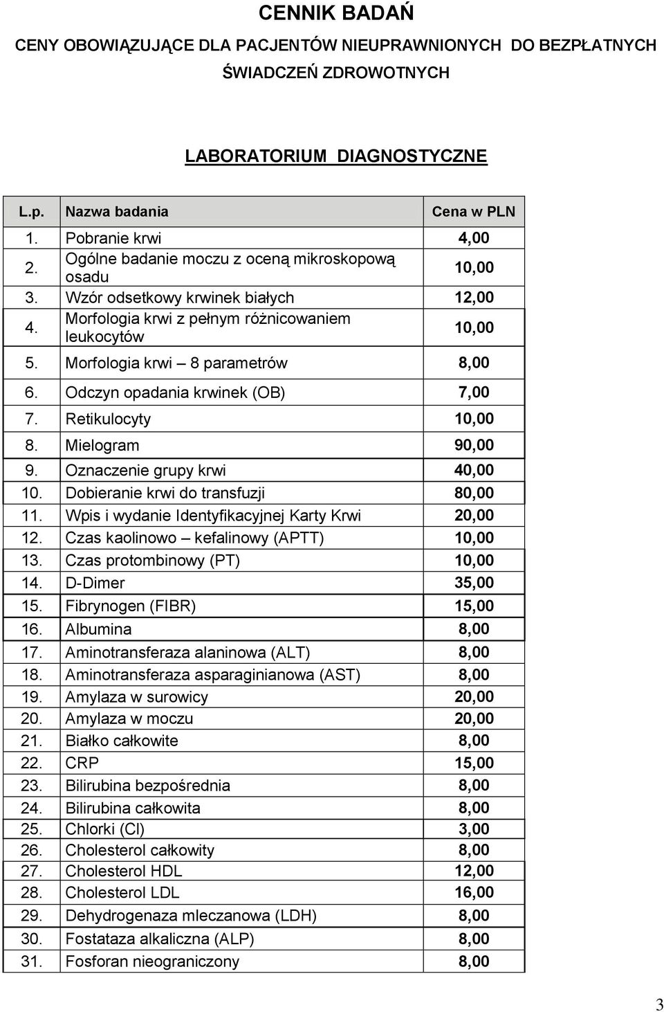 Oznaczenie grupy krwi 40,00 10. Dobieranie krwi do transfuzji 80,00 11. Wpis i wydanie Identyfikacyjnej Karty Krwi 20,00 12. Czas kaolinowo kefalinowy (APTT) 10,00 13. Czas protombinowy (PT) 10,00 14.