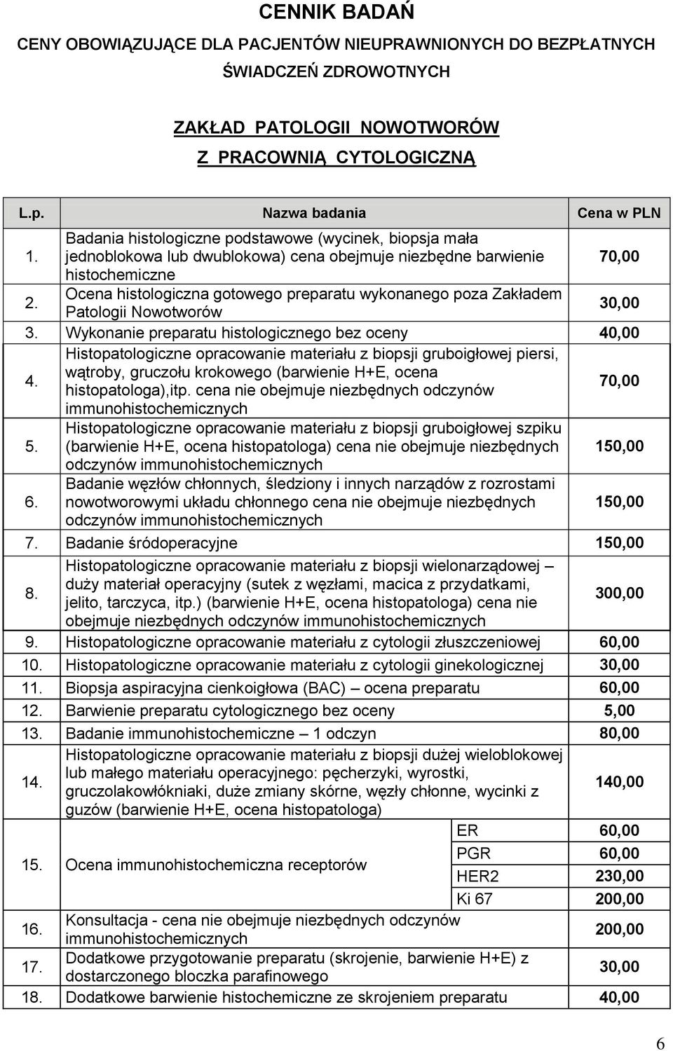 Ocena histologiczna gotowego preparatu wykonanego poza Zakładem Patologii Nowotworów 30,00 3. Wykonanie preparatu histologicznego bez oceny 40,00 4.