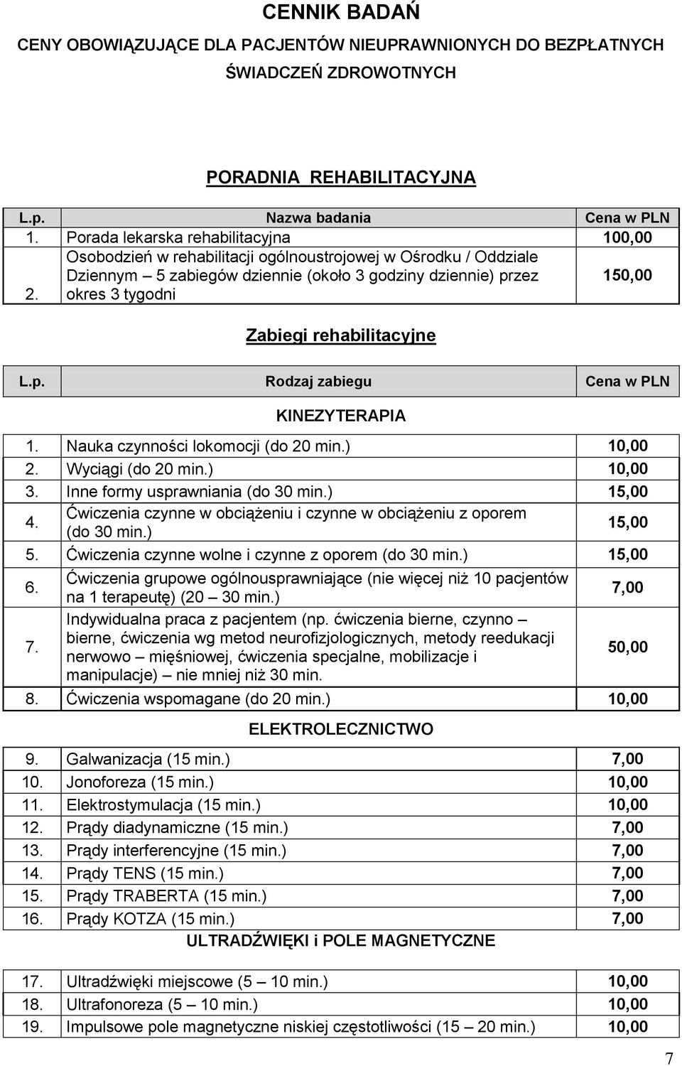 Nauka czynności lokomocji (do 20 min.) 10,00 2. Wyciągi (do 20 min.) 10,00 3. Inne formy usprawniania (do 30 min.) 15,00 4. Ćwiczenia czynne w obciążeniu i czynne w obciążeniu z oporem (do 30 min.