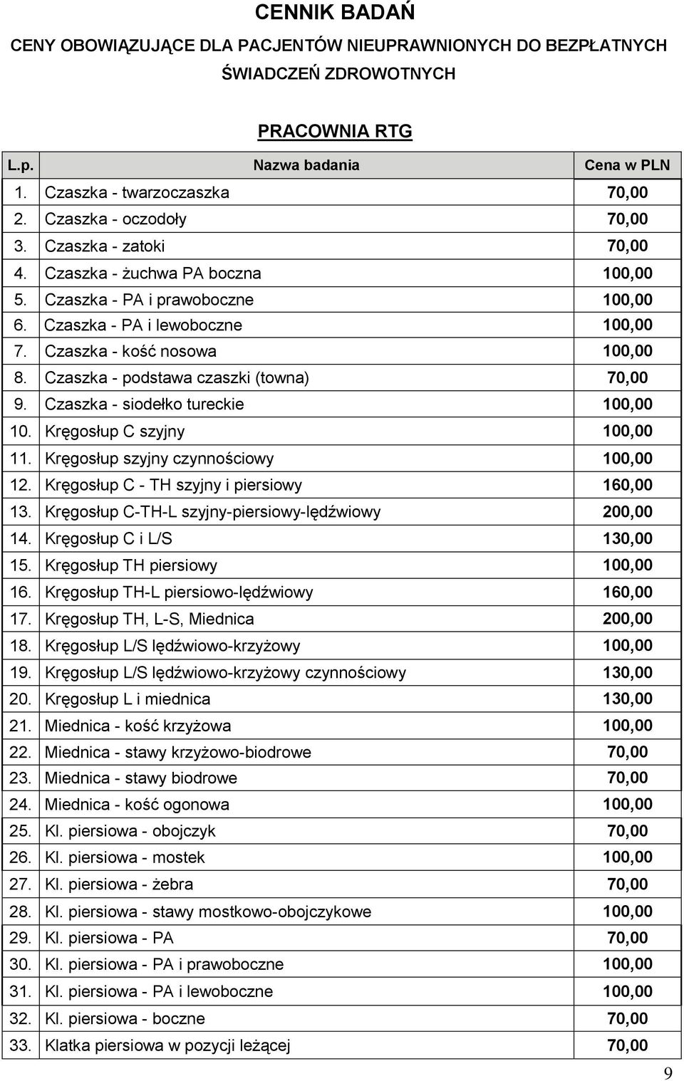 Kręgosłup szyjny czynnościowy 100,00 12. Kręgosłup C - TH szyjny i piersiowy 160,00 13. Kręgosłup C-TH-L szyjny-piersiowy-lędźwiowy 200,00 14. Kręgosłup C i L/S 130,00 15.