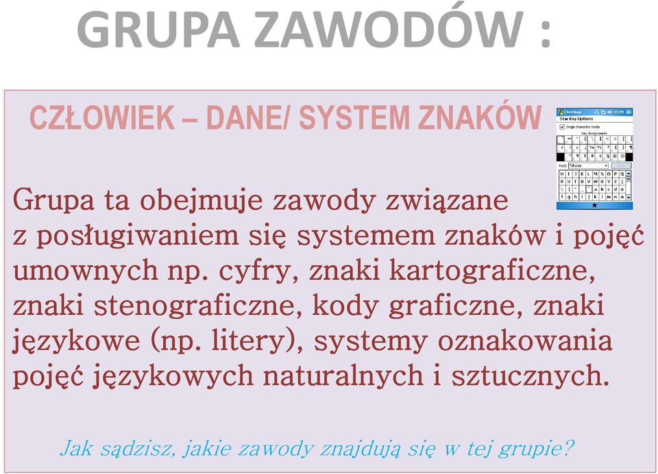 cyfry, znaki kartograficzne, znaki stenograficzne, kody graficzne, znaki językowe (np.