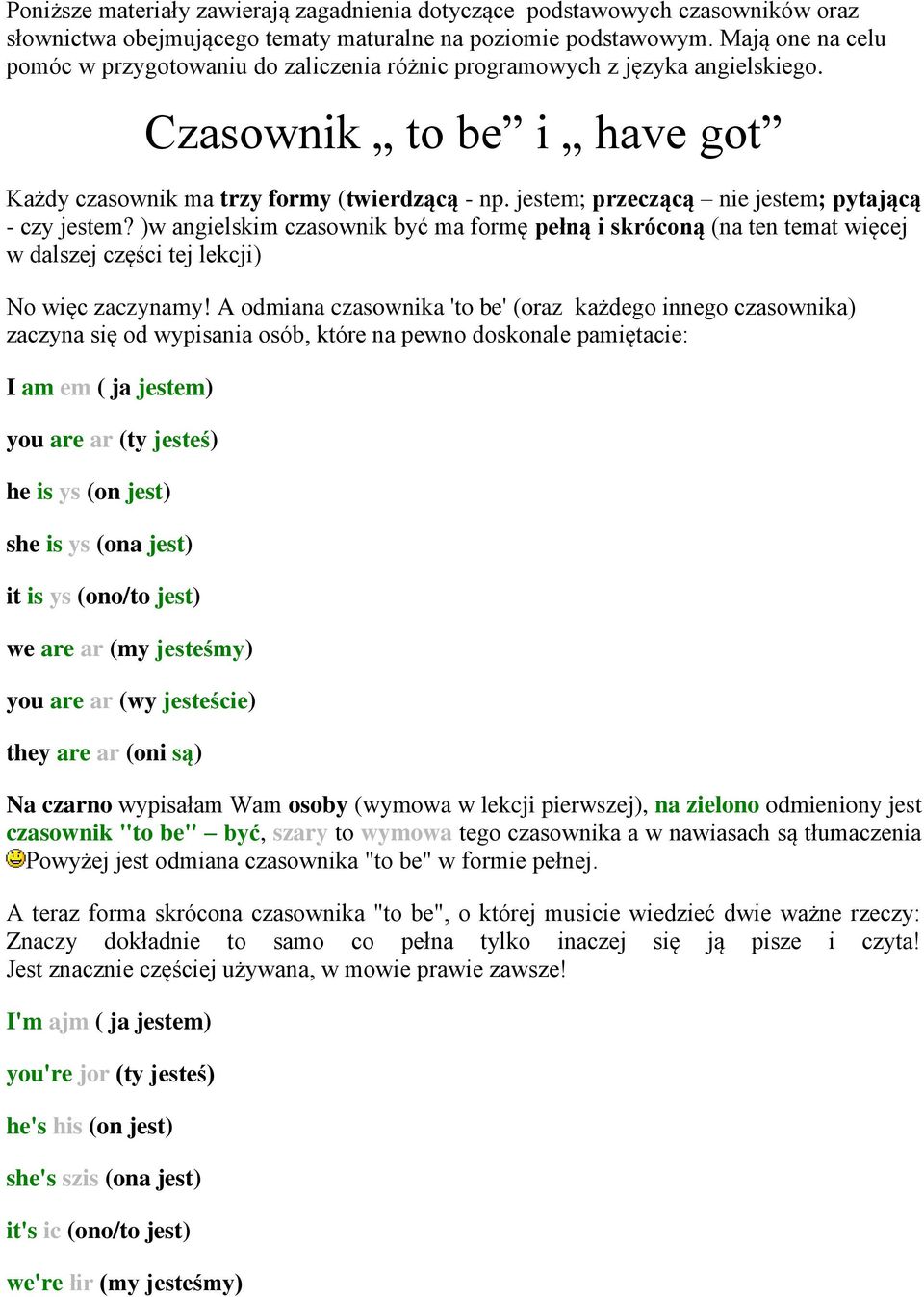 jestem; przeczącą nie jestem; pytającą - czy jestem? )w angielskim czasownik być ma formę pełną i skróconą (na ten temat więcej w dalszej części tej lekcji) No więc zaczynamy!