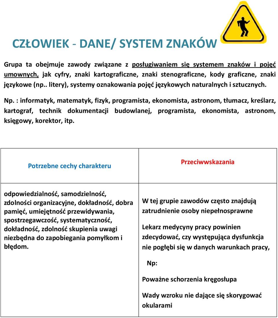 : informatyk, matematyk, fizyk, programista, ekonomista, astronom, tłumacz, kreślarz, kartograf, technik dokumentacji budowlanej, programista, ekonomista, astronom, księgowy, korektor, itp.