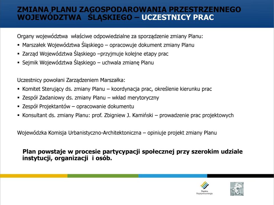 zmiany Planu koordynacja prac, określenie kierunku prac Zespół Zadaniowy ds. zmiany Planu wkład merytoryczny Zespół Projektantów opracowanie dokumentu Konsultant ds. zmiany Planu: prof.