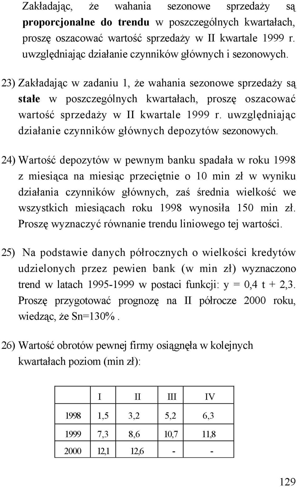 23) Zakładając w zadaniu 1, że wahania sezonowe sprzedaży są stałe w poszczególnych kwartałach, proszę oszacować wartość sprzedaży w II kwartale 1999 r.