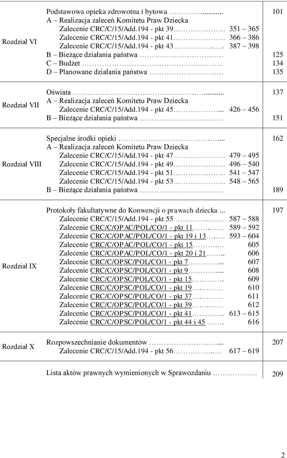 ... A Realizacja zaleceń Komitetu Praw Dziecka Zalecenie CRC/C/15/Add.194 - pkt 45... B Bieżące działania państwa. 426 456 137 151 Rozdział VIII Specjalne środki opieki.