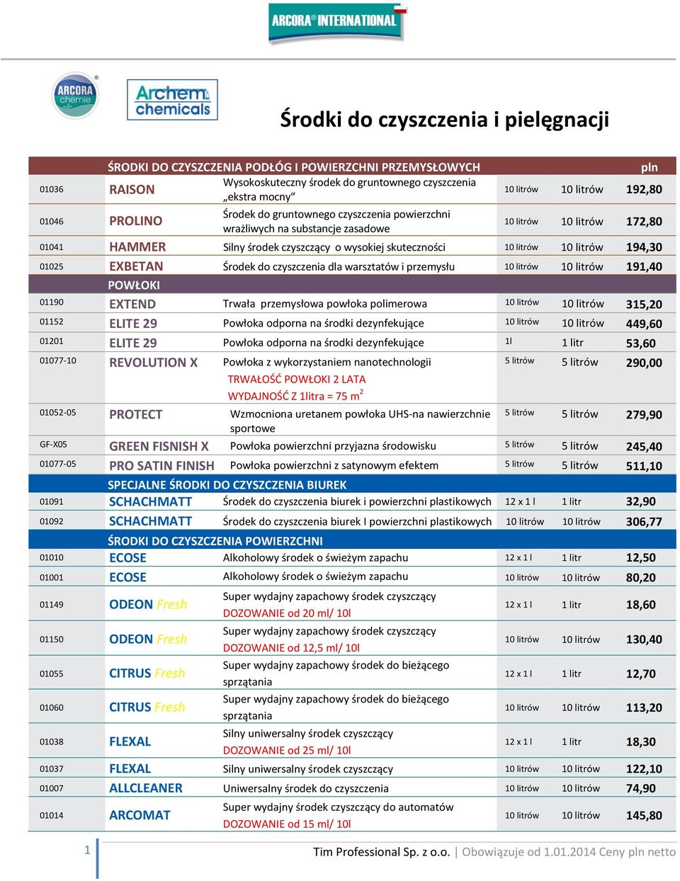 2014 Ceny pln netto pln 10 litrów 10 litrów 192,80 10 litrów 10 litrów 172,80 01041 HAMMER Silny środek czyszczący o wysokiej skuteczności 10 litrów 10 litrów 194,30 01025 EXBETAN Środek do