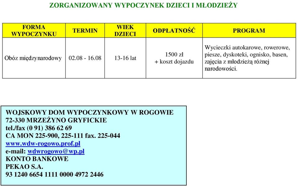 08 13-16 lat 1500 zł + koszt dojazdu Wycieczki autokarowe, rowerowe, piesze, dyskoteki, ognisko, basen, zajęcia z młodzieżą