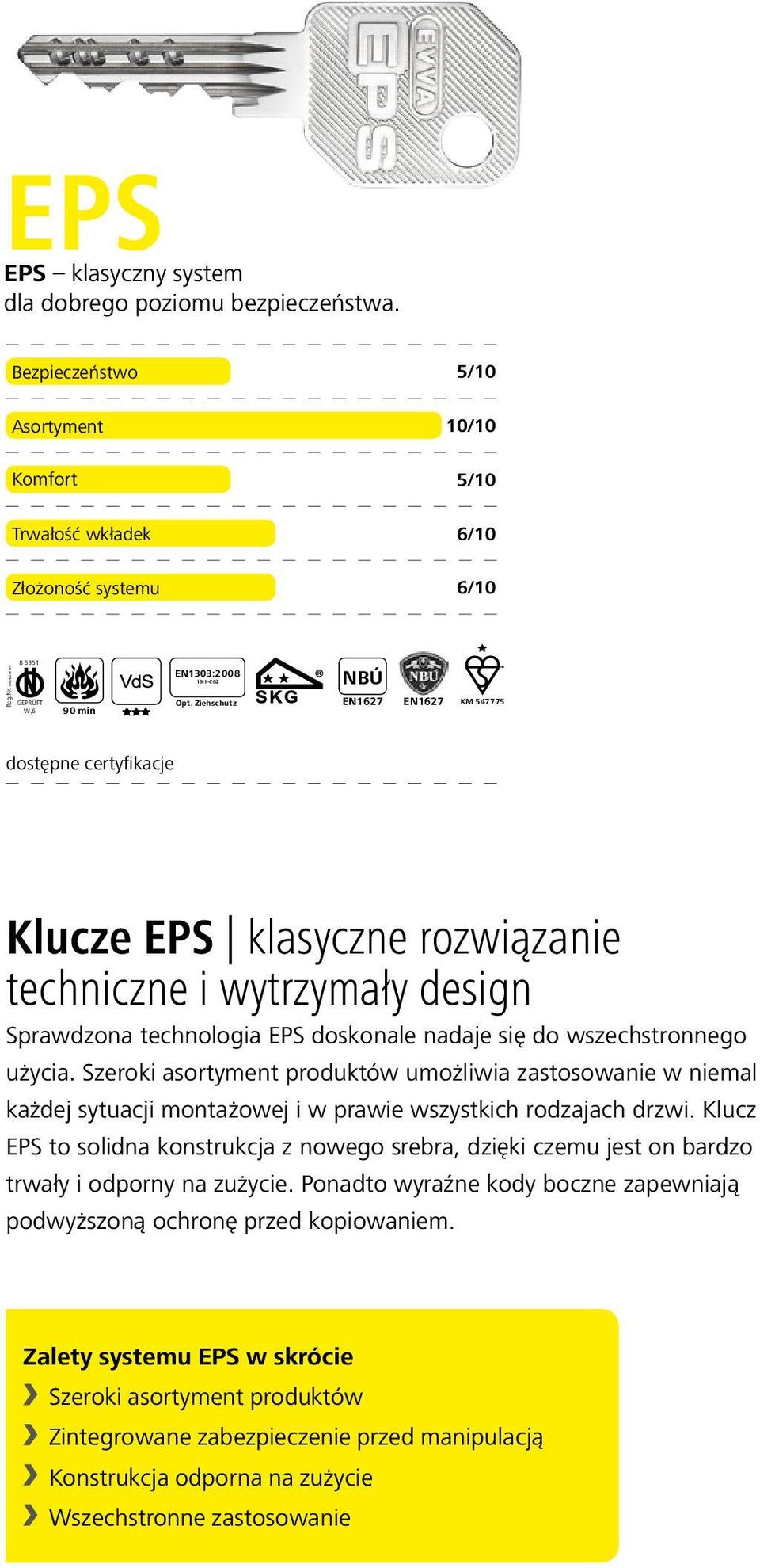 Ziehschutz NBÚ KM 547775 dostępne certyfikacje Klucze EPS klasyczne rozwiązanie techniczne i wytrzymały design Sprawdzona technologia EPS doskonale nadaje się do wszechstronnego użycia.