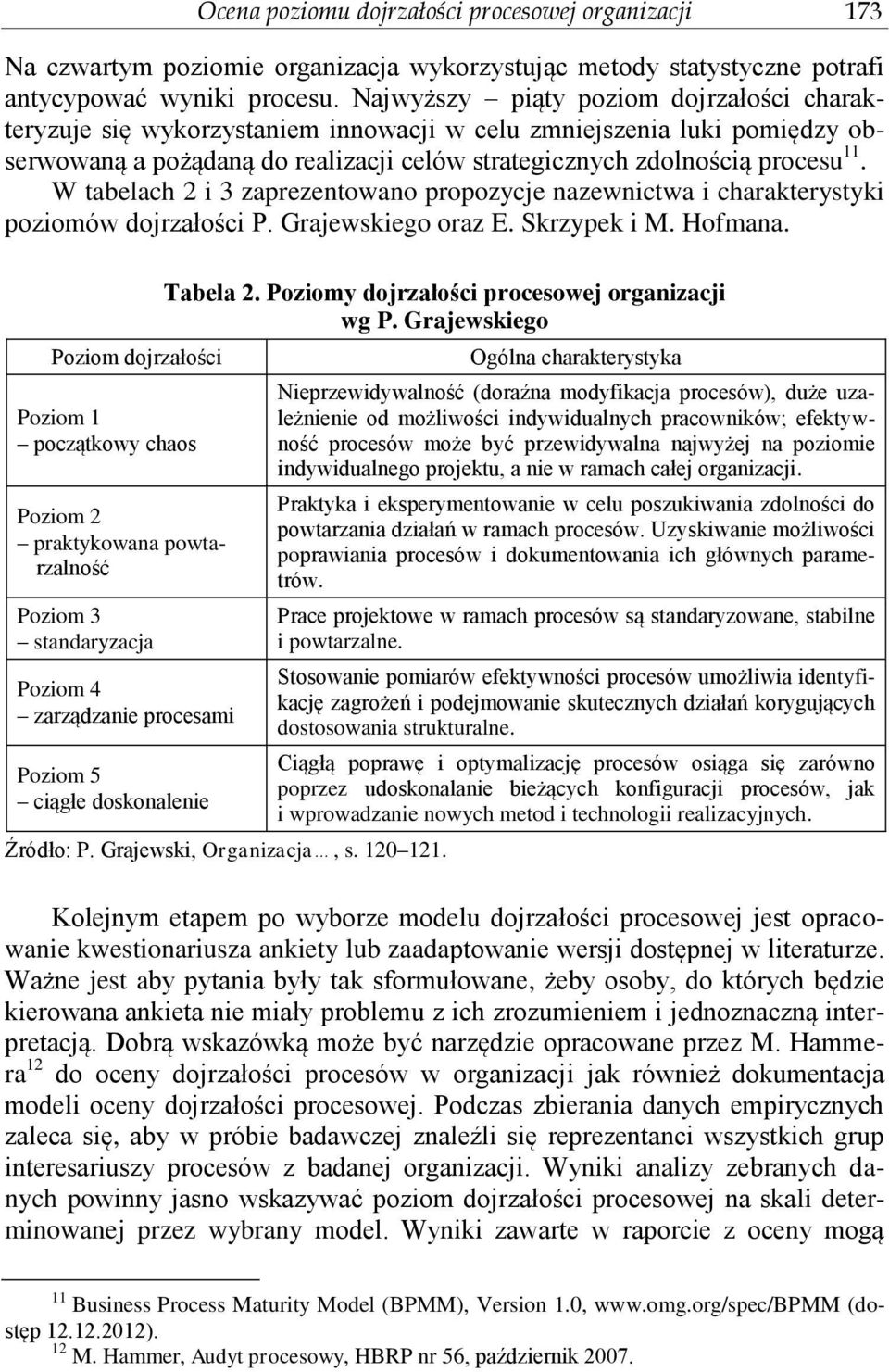 W tabelach 2 i 3 zaprezentowano propozycje nazewnictwa i charakterystyki poziomów dojrzałości P. Grajewskiego oraz E. Skrzypek i M. Hofmana.