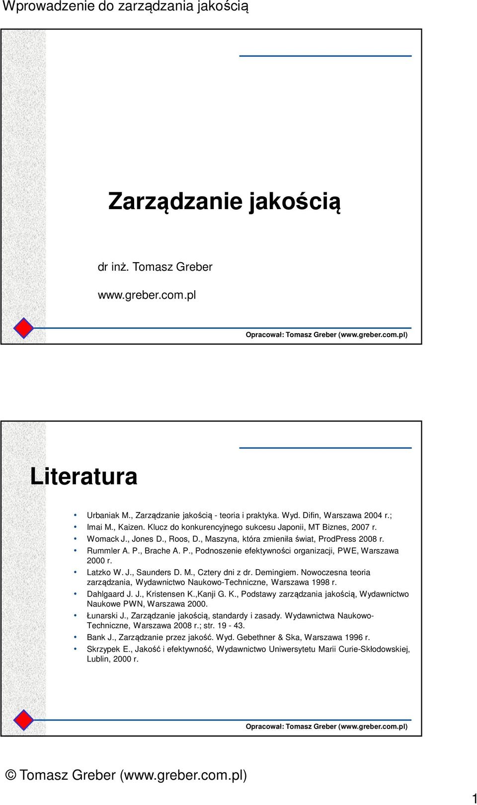 Latzko W. J., Saunders D. M., Cztery dni z dr. Demingiem. Nowoczesna teoria zarządzania, Wydawnictwo Naukowo-Techniczne, Warszawa 1998 r. Dahlgaard J. J., Kr