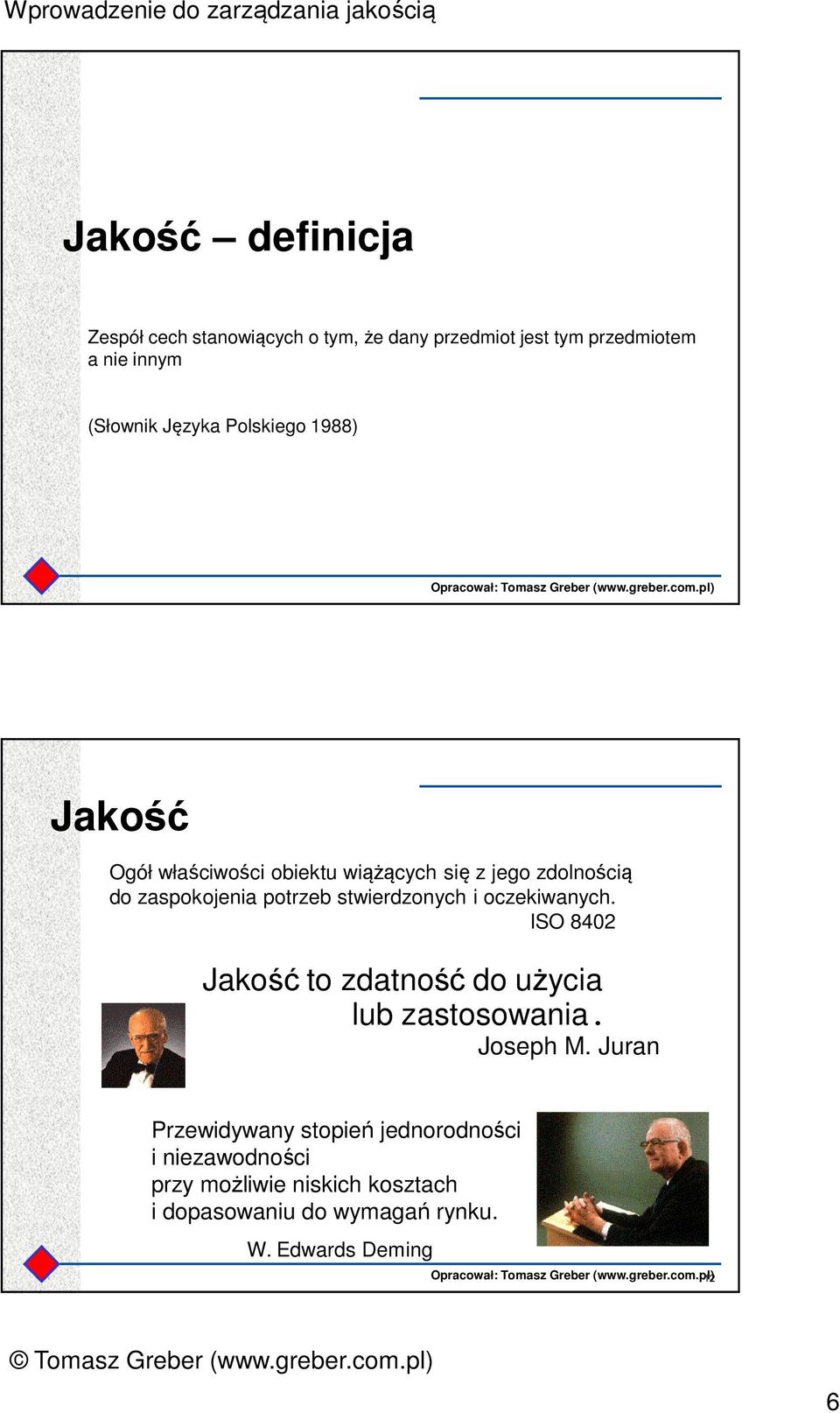 stwierdzonych i oczekiwanych. ISO 8402 Jakość to zdatność do użycia lub zastosowania. Joseph M.