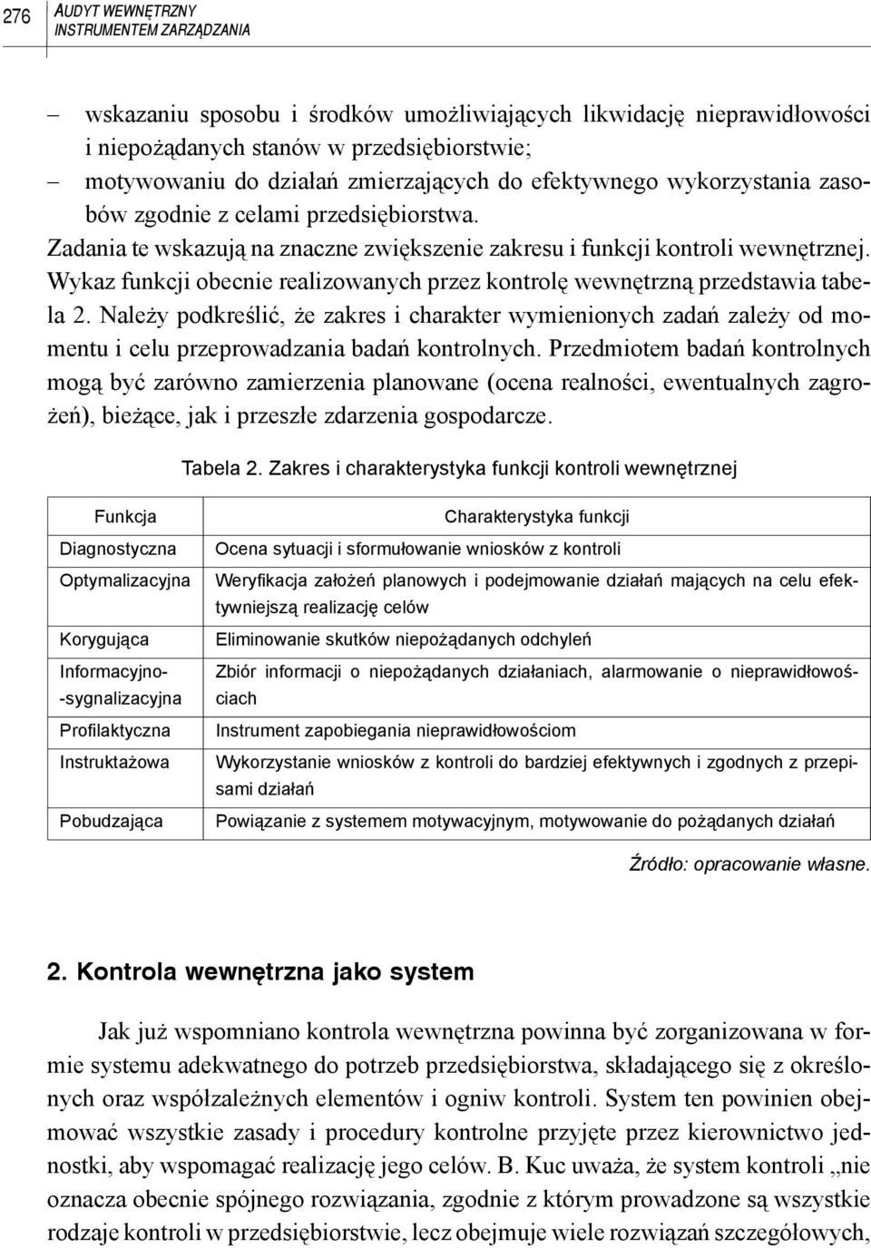 Wykaz funkcji obecnie realizowanych przez kontrolę wewnętrzną przedstawia tabela 2.