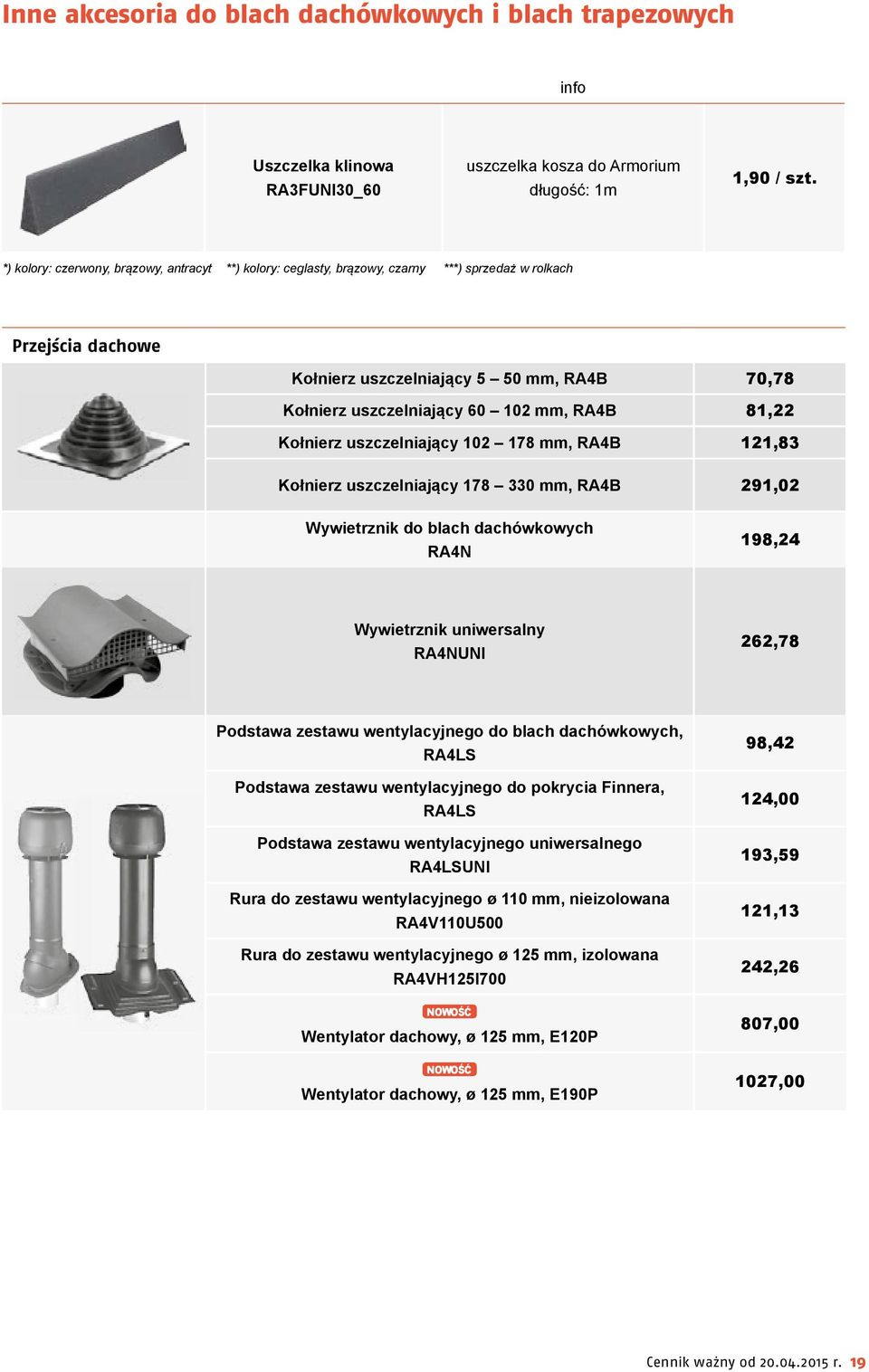 RA4B 81,22 Kołnierz uszczelniający 102 178 mm, RA4B 121,83 Kołnierz uszczelniający 178 330 mm, RA4B 291,02 Wywietrznik do blach dachówkowych RA4N 198,24 Wywietrznik uniwersalny RA4NUNI 262,78