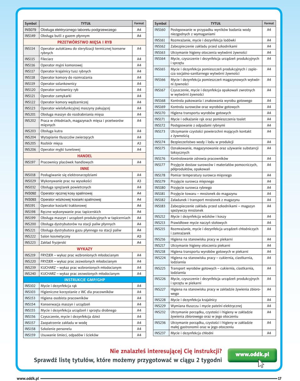 INS121 Operator zamykarki INS122 Operator komory wędzarniczej INS123 Operator wielofunkcyjnej maszyny pakującej INS201 Obsługa maszyn do rozdrabniania mięsa INS202 Praca w chłodniach, magazynach