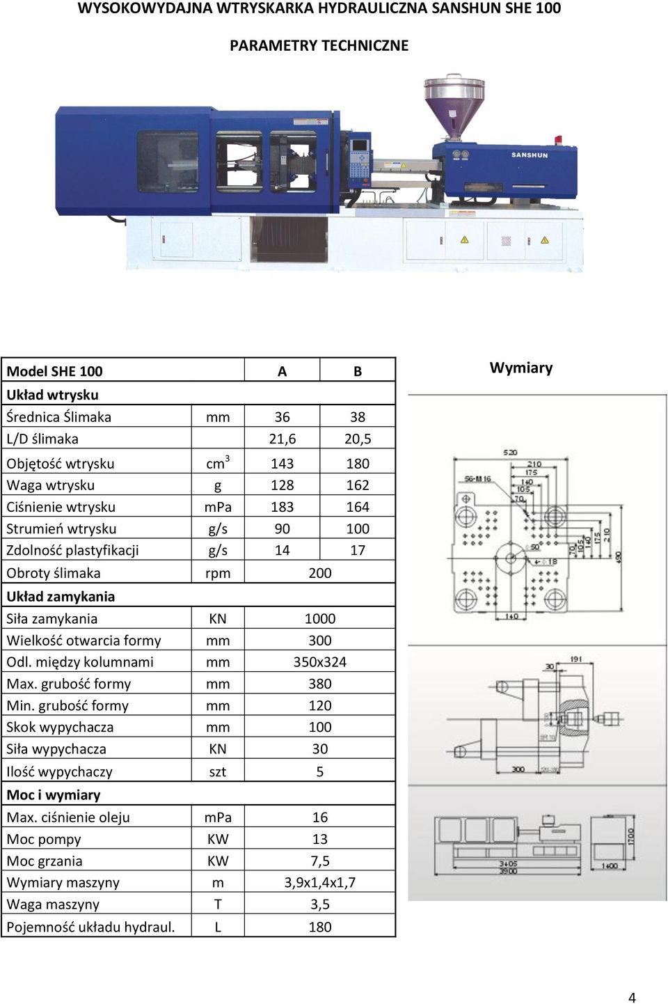 KN 1000 Wielkość otwarcia formy mm 300 Odl. między kolumnami mm 350x324 Max. grubość formy mm 380 Min.